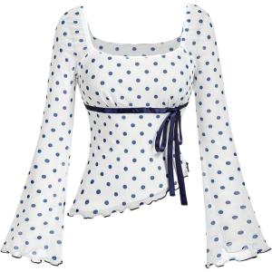 imageMakeMeChic Womens Polka Dots Tops Bell Sleeve Mesh Square T Shirt Asymmetrical Bow Tie Going Out TopsBlue