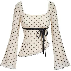 imageMakeMeChic Womens Polka Dots Tops Bell Sleeve Mesh Square T Shirt Asymmetrical Bow Tie Going Out TopsMulticolor