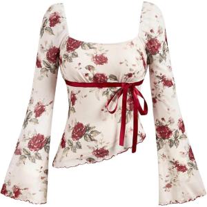 imageMakeMeChic Womens Polka Dots Tops Bell Sleeve Mesh Square T Shirt Asymmetrical Bow Tie Going Out TopsRed and White