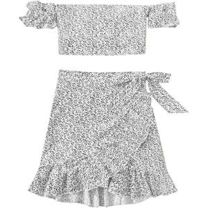 imageMakeMeChic Womens Two Piece Floral Knot Shirred Back Cami Crop Top and Ruffle Wrap Skirt SetWhite