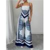 imageMakeMeChic Womens 2 Piece Boho Outfit Paisley Print Tie Backless Crop Tops and Wide Leg Pants Matching SetBlue