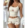 imageMakeMeChic Womens 2 Piece Cute Pajama Set Cartoon Print Ruched Cami Crop Tops and Shorts Lounge SetsApricot
