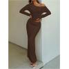 imageMakeMeChic Womens 2 Piece Fall Outfits Long Sleeve Asymmetrical Tops and Bodycon Maxi Skirt Matching SetsCoffee Brown