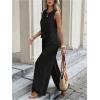 imageMakeMeChic Womens 2 Piece Linen Outfit Bow Tie Back Crew Neck Tank Tops and Wide Leg Pants SetBlack