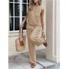 imageMakeMeChic Womens 2 Piece Linen Outfit Bow Tie Back Crew Neck Tank Tops and Wide Leg Pants SetKhaki
