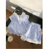 imageMakeMeChic Womens 2 Piece Outfit Striped V Neck Ruffle Cami and Shorts Matching SetBlue