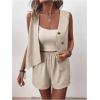 imageMakeMeChic Womens 2 Piece Outfits Sleeveless Button Blazer Vest Tops and Shorts Summer SetBeige