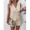 imageMakeMeChic Womens 2 Piece Outfits Sleeveless Button Blazer Vest Tops and Shorts Summer SetBeige