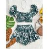 imageMakeMeChic Womens 2 Piece Summer Outfit Floral Bow Tie Back Puff Sleeve Twist Crop Tops and Shorts SetMulticolor