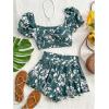 imageMakeMeChic Womens 2 Piece Summer Outfit Floral Bow Tie Back Puff Sleeve Twist Crop Tops and Shorts SetMulticolor