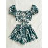 imageMakeMeChic Womens 2 Piece Summer Outfit Floral Bow Tie Back Puff Sleeve Twist Crop Tops and Shorts SetMulticolor