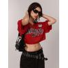 imageMakeMeChic Womens Graphic Crop Top Lace Trim V Neck Half Sleeve Y2k Jersey ShirtsRed