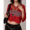 imageMakeMeChic Womens Graphic Crop Top Lace Trim V Neck Half Sleeve Y2k Jersey ShirtsRed