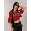 imageMakeMeChic Womens Graphic Crop Top Lace Trim V Neck Half Sleeve Y2k Jersey ShirtsRed
