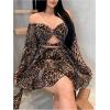 imageMakeMeChic Womens Leopard Print Off The Shoulder Mini Dress Bell Sleeve Cut Out Smocked Y2k DressesMulticolor