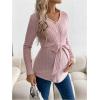 imageMakeMeChic Womens Maternity Tee Shirt Long Sleeve V Neck Rib Knitted Belted Casual Pregnancy TopsPink