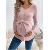 imageMakeMeChic Womens Maternity Tee Shirt Long Sleeve V Neck Rib Knitted Belted Casual Pregnancy TopsPink
