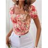 imageMakeMeChic Womens Mesh Floral Square Neck Blouse Short Sleeve Bustier Blouses Crop TopMulticolor