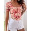 imageMakeMeChic Womens Mesh Floral Square Neck Blouse Short Sleeve Bustier Blouses Crop TopMulticolor