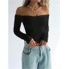imageMakeMeChic Womens Off The Shoulder Tops Long Sleeve Ruffle Trim Tee Shirts Y2K Crop Top Black Large