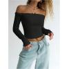 imageMakeMeChic Womens Off The Shoulder Tops Long Sleeve Ruffle Trim Tee Shirts Y2K Crop Top Black Large