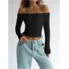 imageMakeMeChic Womens Off The Shoulder Tops Long Sleeve Ruffle Trim Tee Shirts Y2K Crop Top Black Large