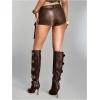 imageMakeMeChic Womens PU Leather Mini Shorts Straight Leg Vintage Cowgirl Fall ShortsBrown