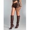 imageMakeMeChic Womens PU Leather Mini Shorts Straight Leg Vintage Cowgirl Fall ShortsBrown