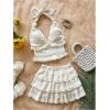 imageMakeMeChic Womens Summer 2 Piece Sets Halter Tops Ruffle Mini Skirt Set Tiered Layered SkortApricot