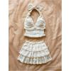 imageMakeMeChic Womens Summer 2 Piece Sets Halter Tops Ruffle Mini Skirt Set Tiered Layered SkortApricot