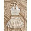 imageMakeMeChic Womens Summer 2 Piece Sets Halter Tops Ruffle Mini Skirt Set Tiered Layered SkortBeige