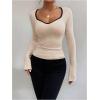 imageMakeMeChic Womens Sweetheart Neck Long Sleeve T Shirt Rib Knitted Contrast Binding Tee TopApricot