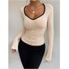 imageMakeMeChic Womens Sweetheart Neck Long Sleeve T Shirt Rib Knitted Contrast Binding Tee TopApricot