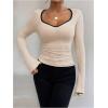 imageMakeMeChic Womens Sweetheart Neck Long Sleeve T Shirt Rib Knitted Contrast Binding Tee TopApricot