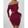 imageMakeMeChic Womens Two Piece Outfits Off Shoulder Crop Top and Ruched Slim Fitted Skirt SetsBurgundy