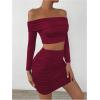 imageMakeMeChic Womens Two Piece Outfits Off Shoulder Crop Top and Ruched Slim Fitted Skirt SetsBurgundy