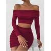 imageMakeMeChic Womens Two Piece Outfits Off Shoulder Crop Top and Ruched Slim Fitted Skirt SetsBurgundy