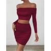 imageMakeMeChic Womens Two Piece Outfits Off Shoulder Crop Top and Ruched Slim Fitted Skirt SetsBurgundy