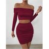 imageMakeMeChic Womens Two Piece Outfits Off Shoulder Crop Top and Ruched Slim Fitted Skirt SetsBurgundy