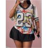 imageMakeMeChic Womens V Neck Jersey Shirt Number Print Short Sleeve Summer Streetwear Tee Tops