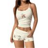 imageMakeMeChic Womens 2 Piece Cute Pajama Set Cartoon Print Ruched Cami Crop Tops and Shorts Lounge SetsApricot