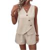 imageMakeMeChic Womens 2 Piece Outfits Sleeveless Button Blazer Vest Tops and Shorts Summer SetBeige