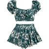 imageMakeMeChic Womens 2 Piece Summer Outfit Floral Bow Tie Back Puff Sleeve Twist Crop Tops and Shorts SetMulticolor