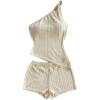imageMakeMeChic Womens 2 Piece Summer Outfit One Shoulder Twist Asymmetrical Crop Tops and Shorts SetWhite