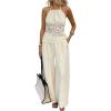 imageMakeMeChic Womens 2 Piece Summer Outfits Crochet Tie Back Halter Top and Pants Matching SetsApricot