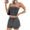 imageMakeMeChic Womens 2 Piece Summer Outfits Strapless Cropped Tube Top and Wide Leg High Waist Shorts SetGrey a