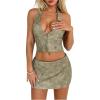 imageMakeMeChic Womens 2 Piece Y2k Outfit Leather Deep V Neck Halter Crop Corset Tops and Mini Skirt SetGreen