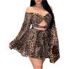 imageMakeMeChic Womens Leopard Print Off The Shoulder Mini Dress Bell Sleeve Cut Out Smocked Y2k DressesMulticolor