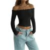 imageMakeMeChic Womens Off The Shoulder Tops Long Sleeve Ruffle Trim Tee Shirts Y2K Crop Top Black Large