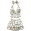 imageMakeMeChic Womens Summer 2 Piece Sets Halter Tops Ruffle Mini Skirt Set Tiered Layered SkortApricot
